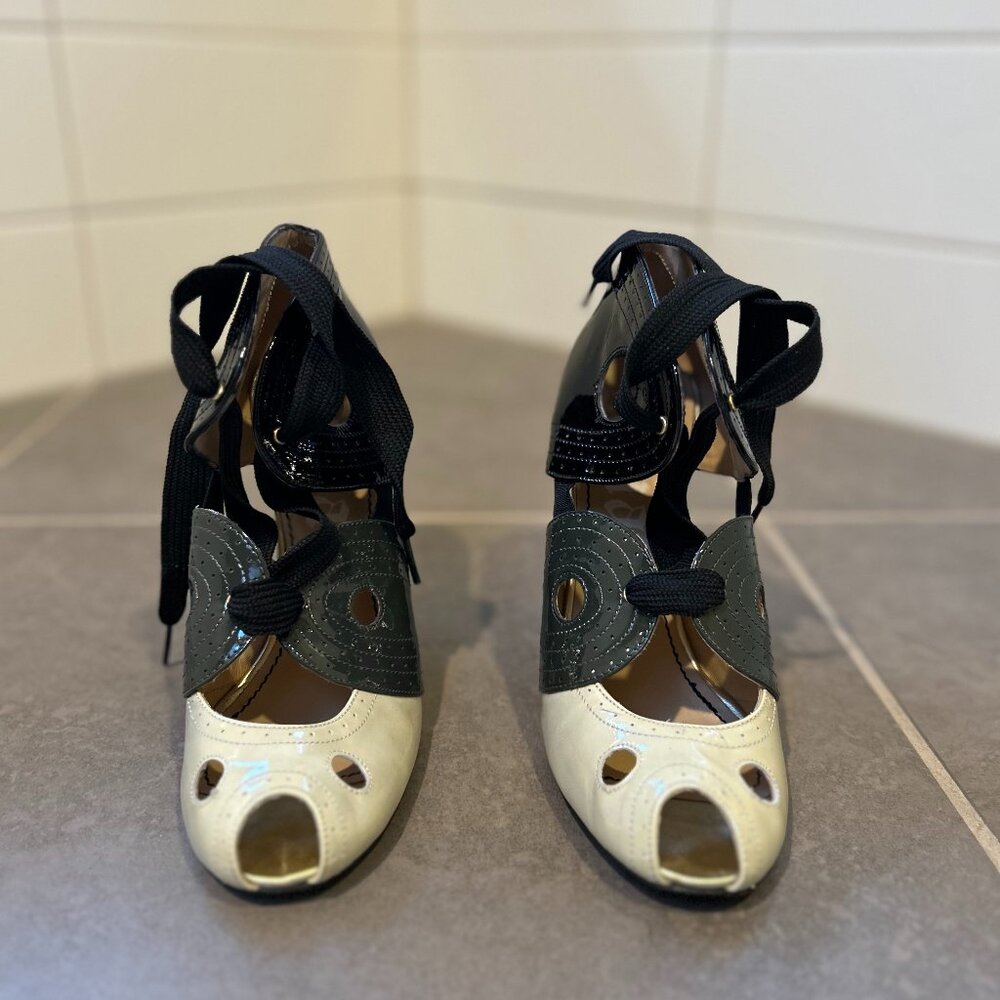 Galliano Patent Leather and Suede Open Toe Wedges Size EU 38